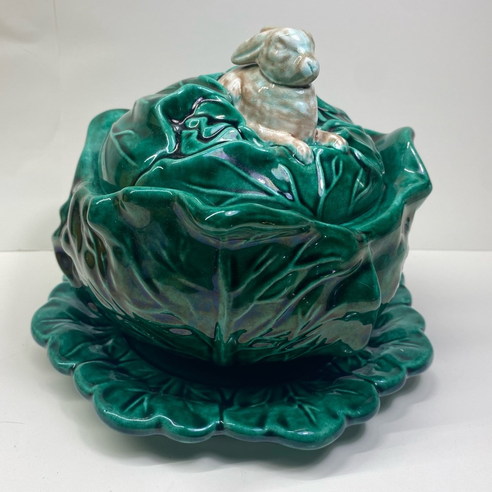 Handmade ceramic Cabbage and bunny bowl with lid and underplate